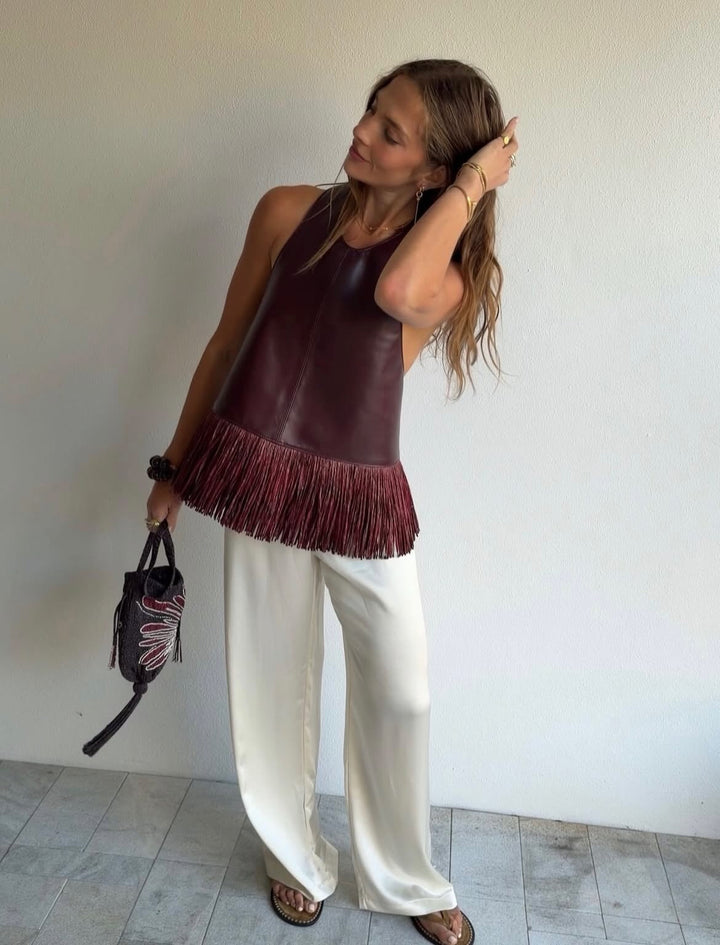 Edwina | Women's Delphine Faux Leather Fringe Halter Top