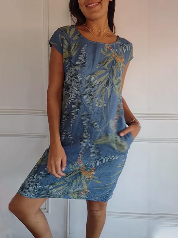 Flaminia floral shift midi dress, round neck, short sleeves