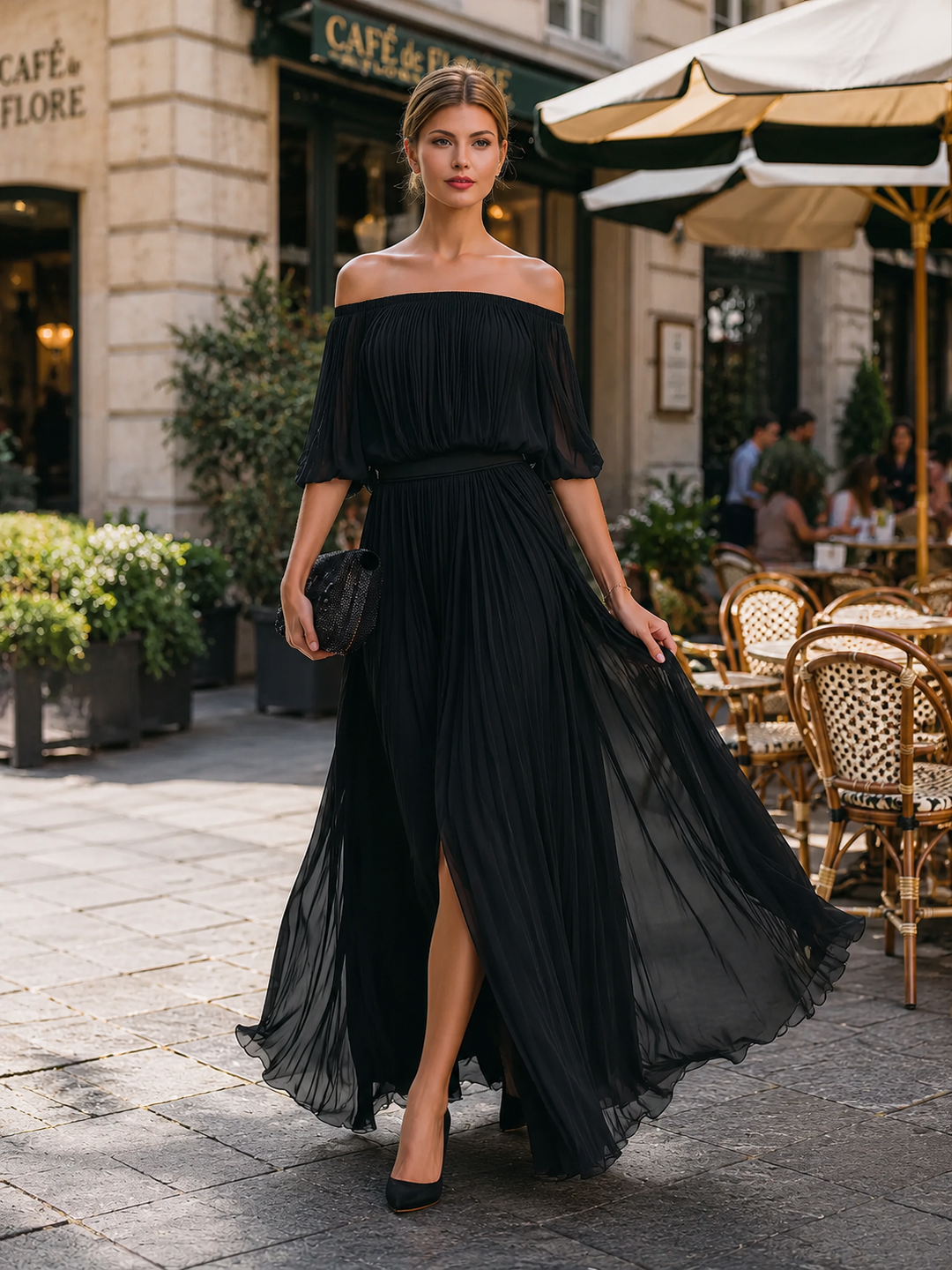 Persephone | Women's Pleated Off-Shoulder Maxi Dress with Balloon Sleeves - image 3