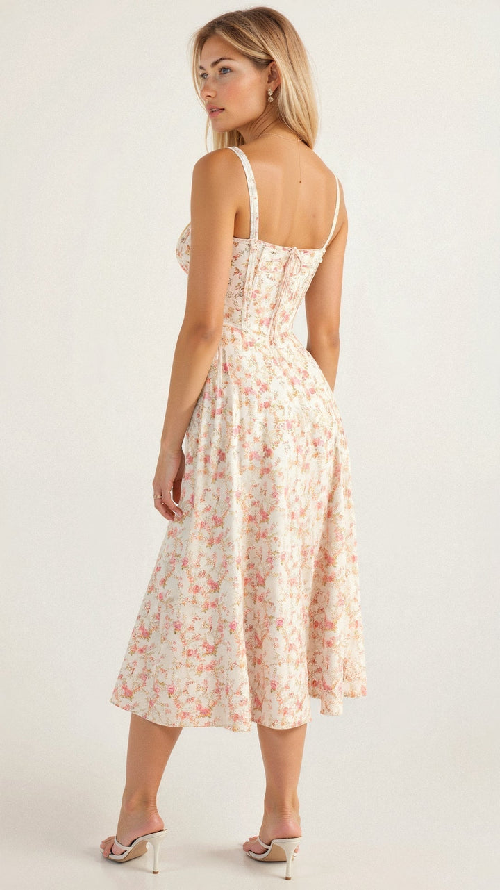 Alcina | Women's Floral Corset Midi Dress with Square Neck and Spaghetti Straps - image 6