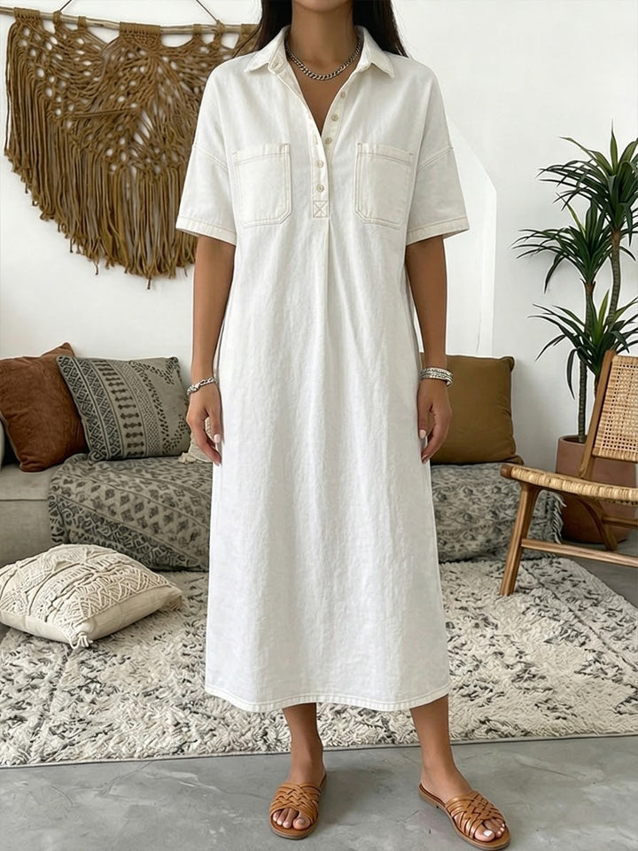 Celestia | Women's Denim Midi Dress with Collared and Short Sleeves - image 5