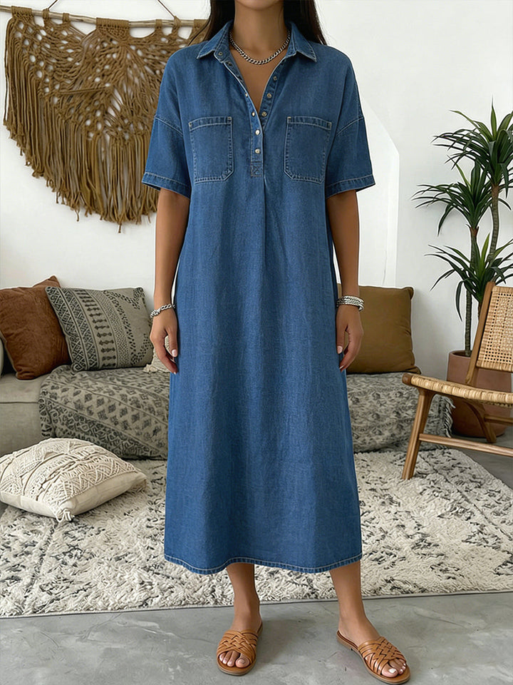 Celestia | Women's Denim Midi Dress with Collared and Short Sleeves - image 1