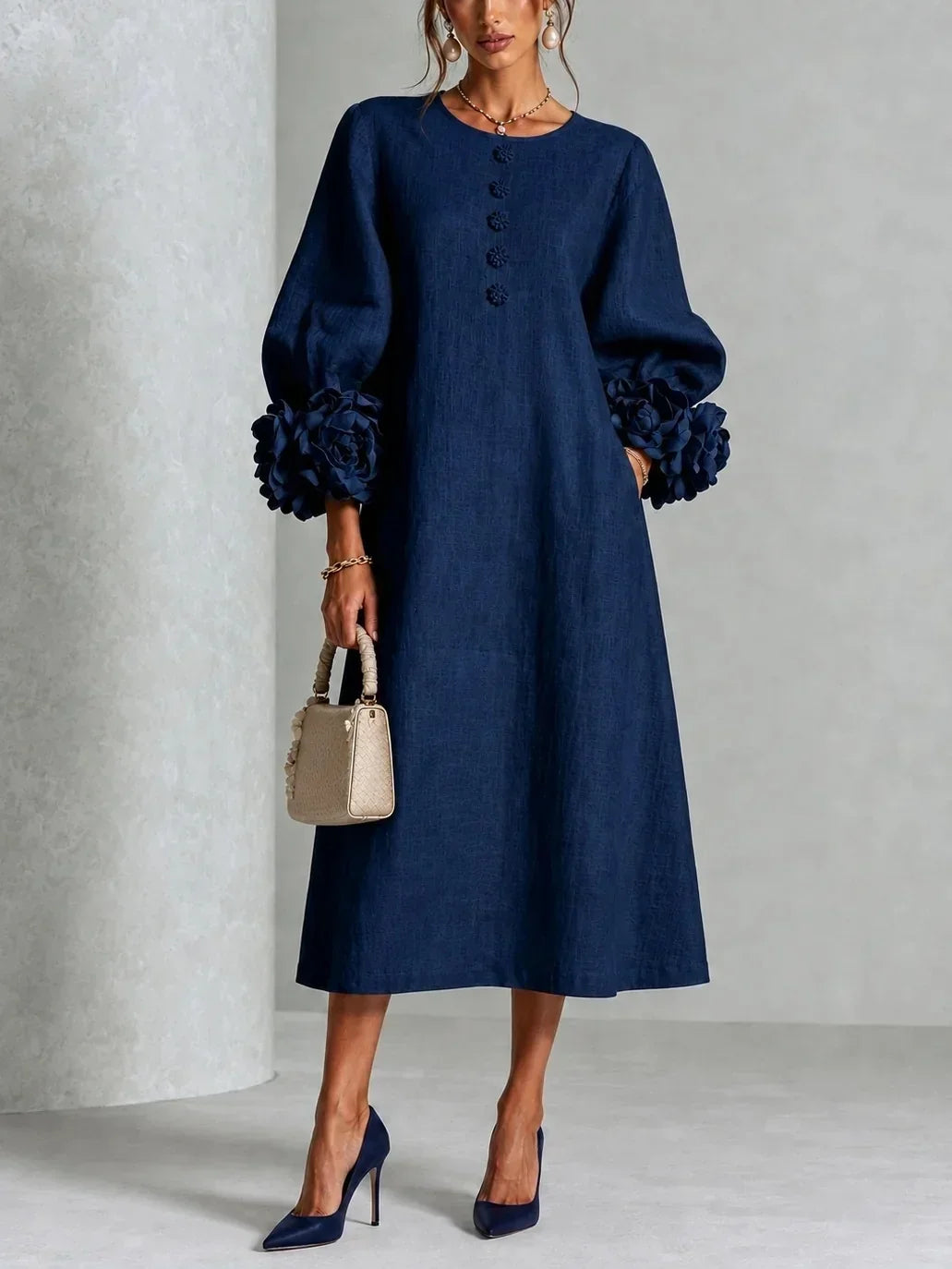 Fleurette | Women's Midi Dress with Round Neck and Puff Sleeves - image 9