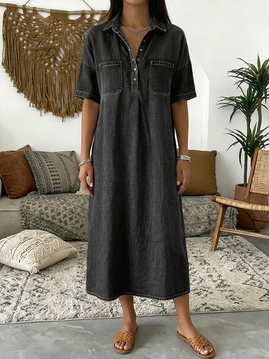Celestia | Women's Denim Midi Dress with Collared and Short Sleeves - image 3