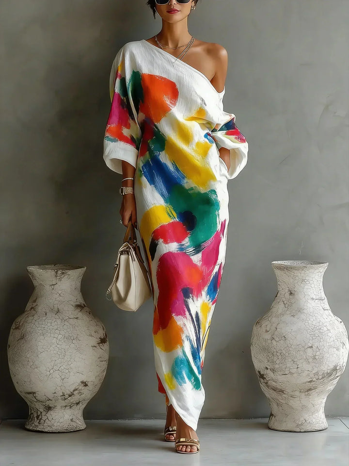 Nives women's off-shoulder printed maxi dress with short sleeves