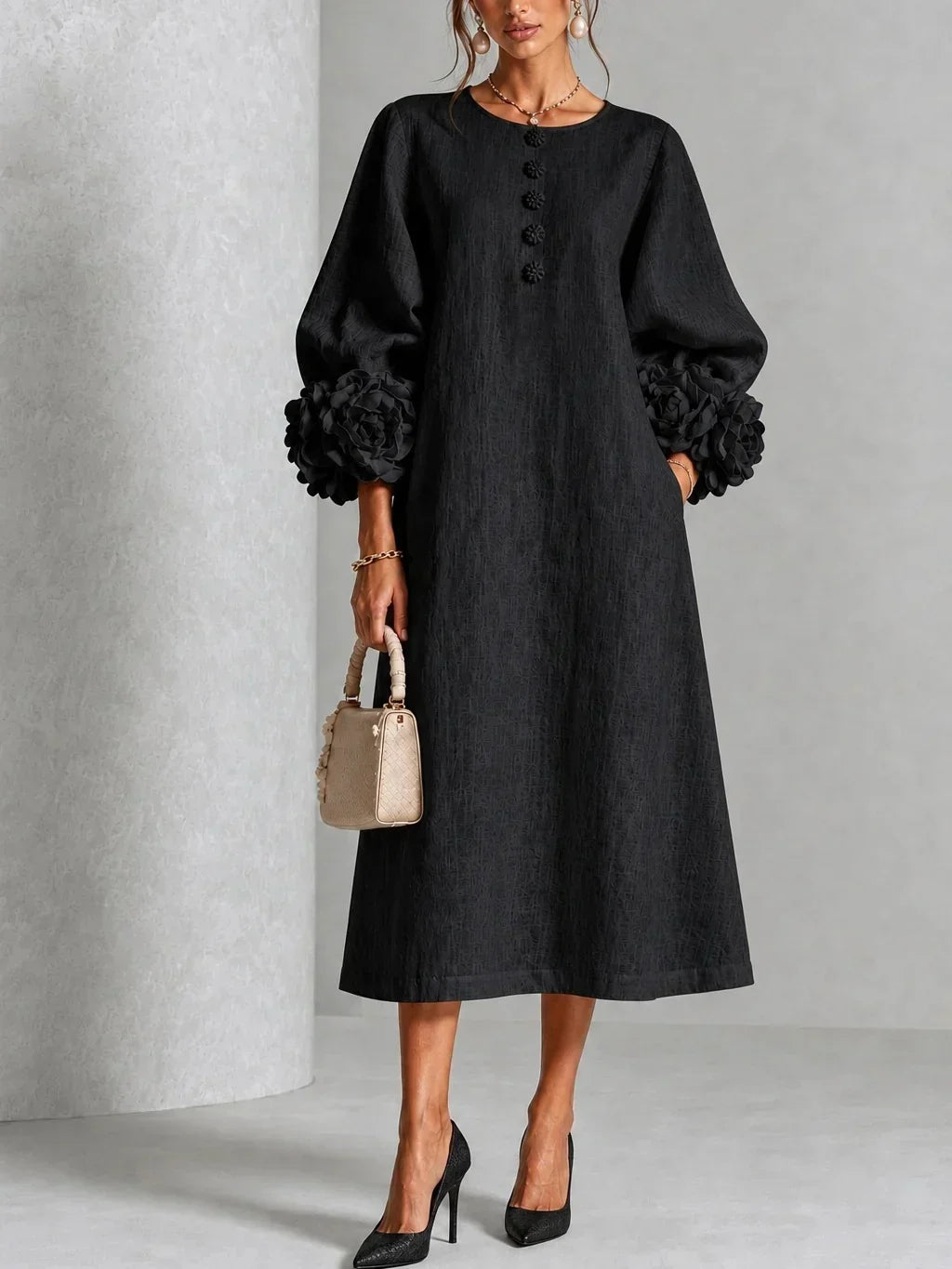 Fleurette | Women's Midi Dress with Round Neck and Puff Sleeves - image 4
