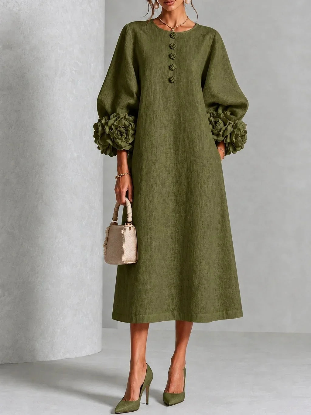 Fleurette | Women's Midi Dress with Round Neck and Puff Sleeves - image 6