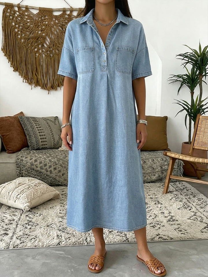 Celestia | Women's Denim Midi Dress with Collared and Short Sleeves - image 4