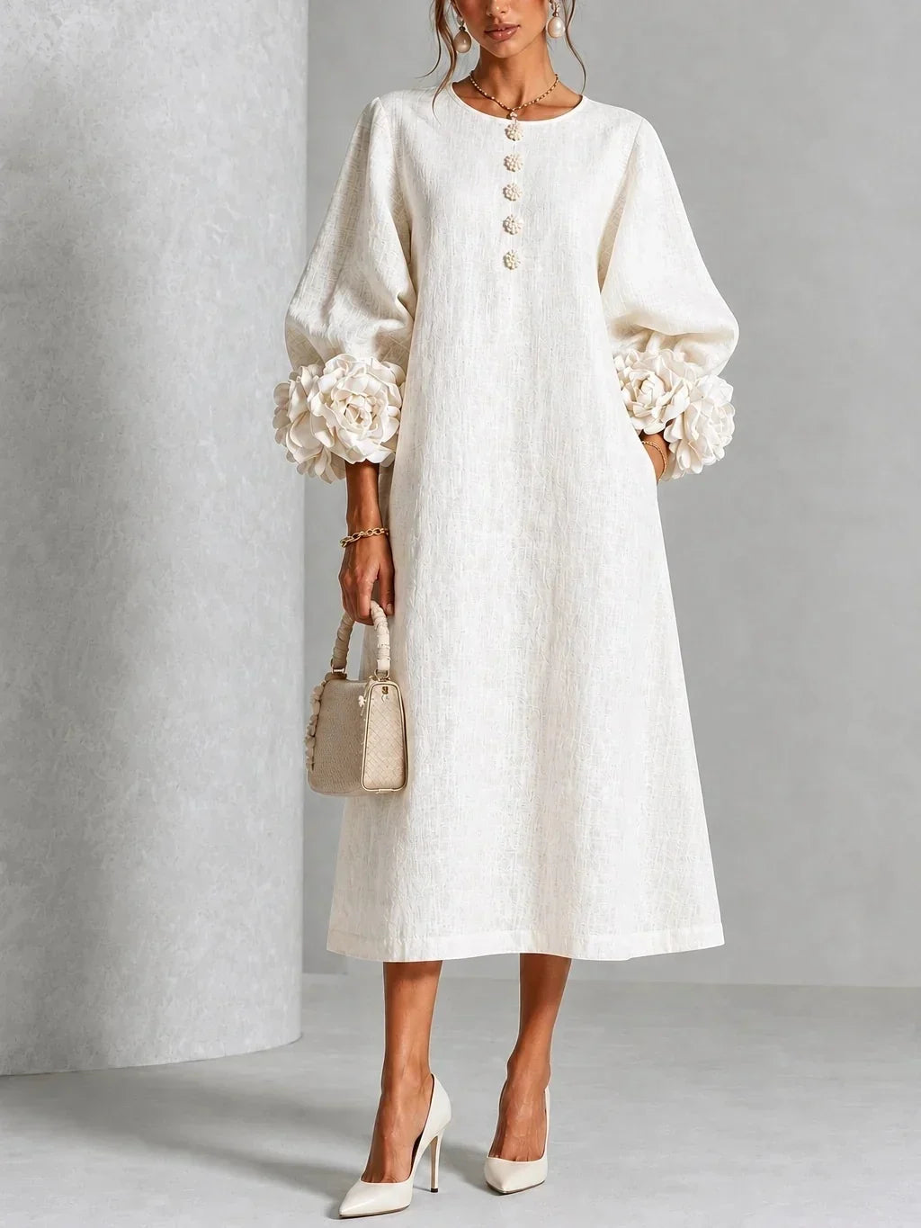 Fleurette | Women's Midi Dress with Round Neck and Puff Sleeves - image 8