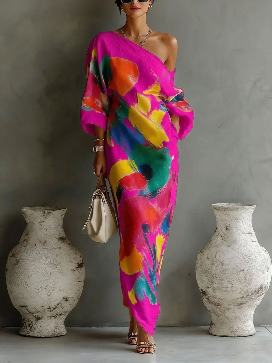 Nives women's off-shoulder printed maxi dress with short sleeves