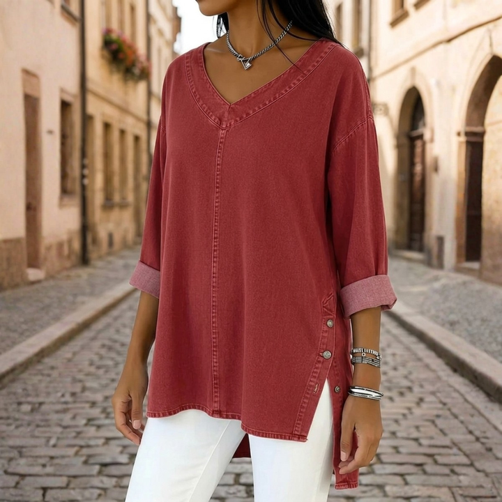 Desmona | Women's Tunic Soft Fit V-Neck Side Split Three-Quarter Sleeve