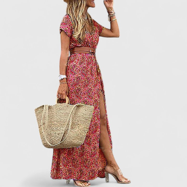 Selina | Women's Gathered-Waist Bohemian Maxi Dress with Round Neck and Short Sleeves - image 5