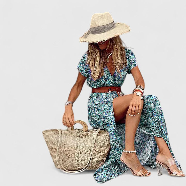 Selina | Women's Gathered-Waist Bohemian Maxi Dress with Round Neck and Short Sleeves - image 6