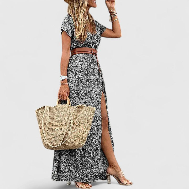 Selina | Women's Gathered-Waist Bohemian Maxi Dress with Round Neck and Short Sleeves - image 7