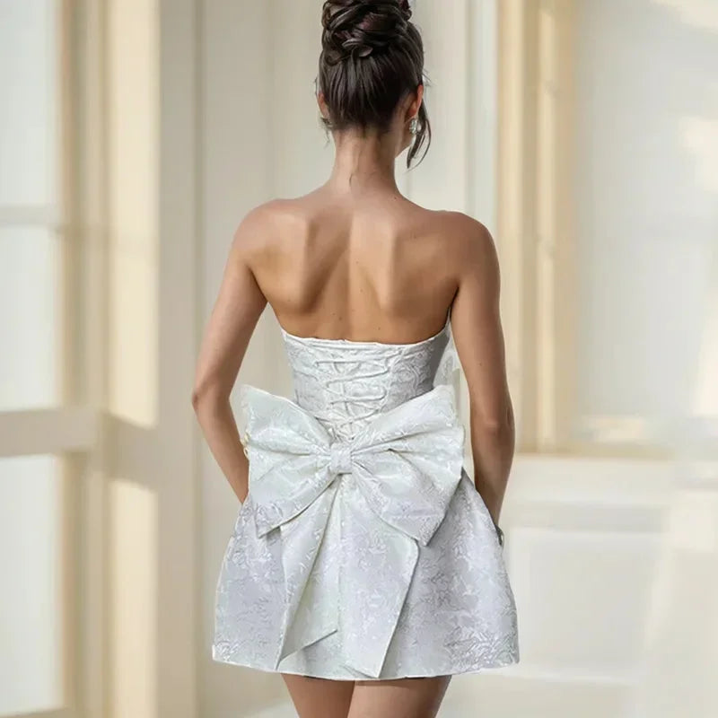 Magdalen | Women's Sleeveless Jacquard Mini Dress with Bow