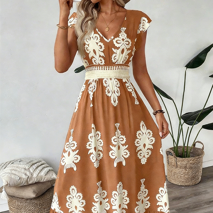 Fenwick | Women's V-Neck Baroque Print Flowy Maxi Dress