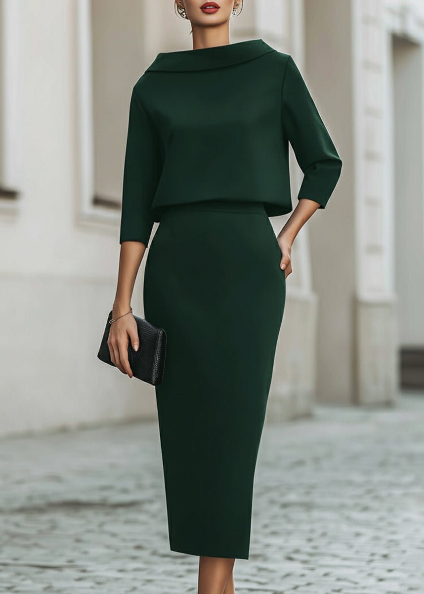 Evelyn | Women's Boat Neck Two-Piece Set with Midi Skirt