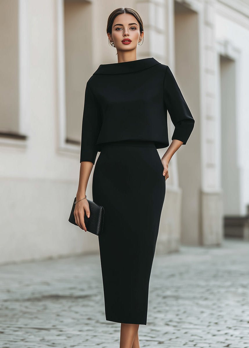 Evelyn | Women's Boat Neck Two-Piece Set with Midi Skirt