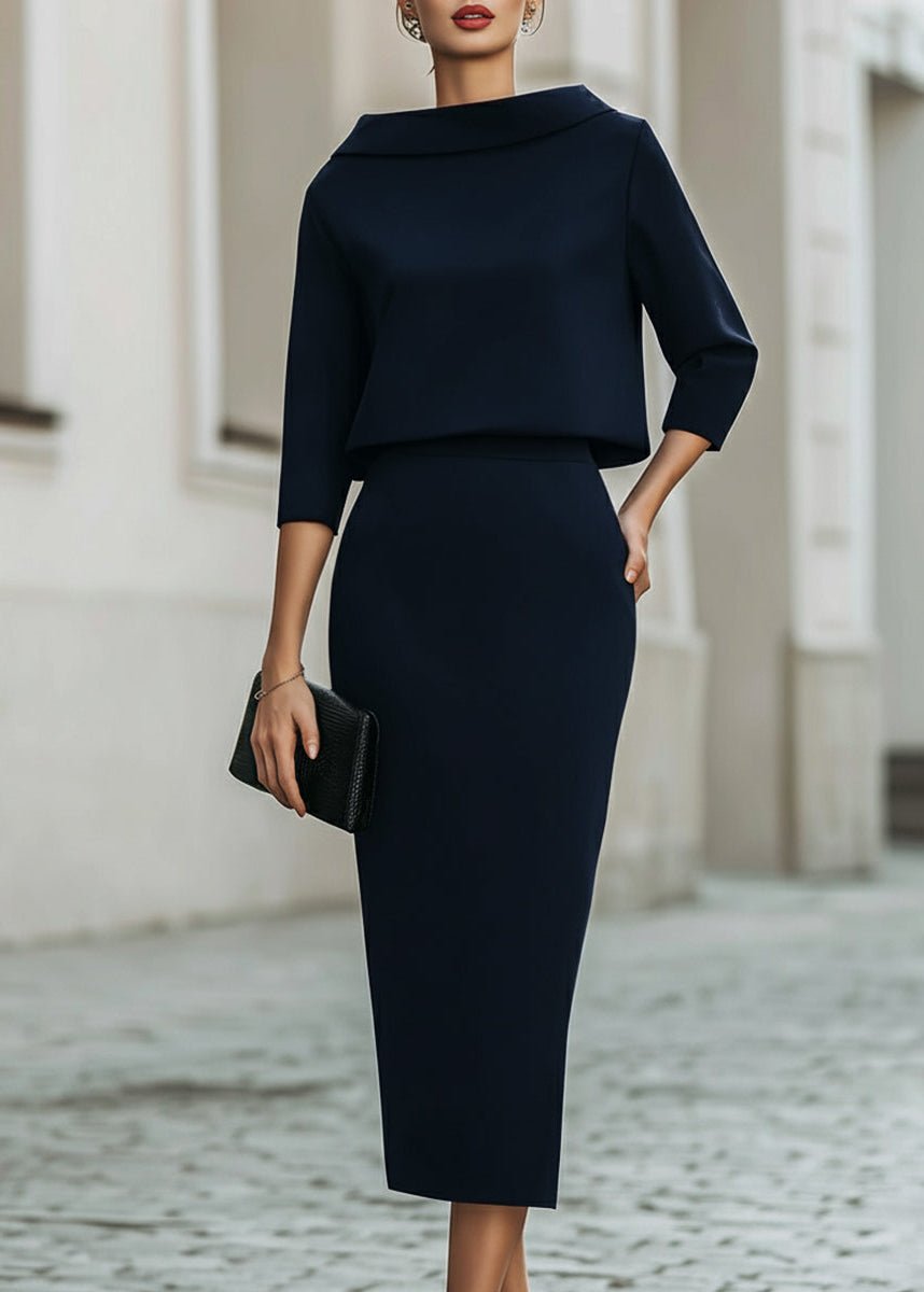 Evelyn | Women's Boat Neck Two-Piece Set with Midi Skirt