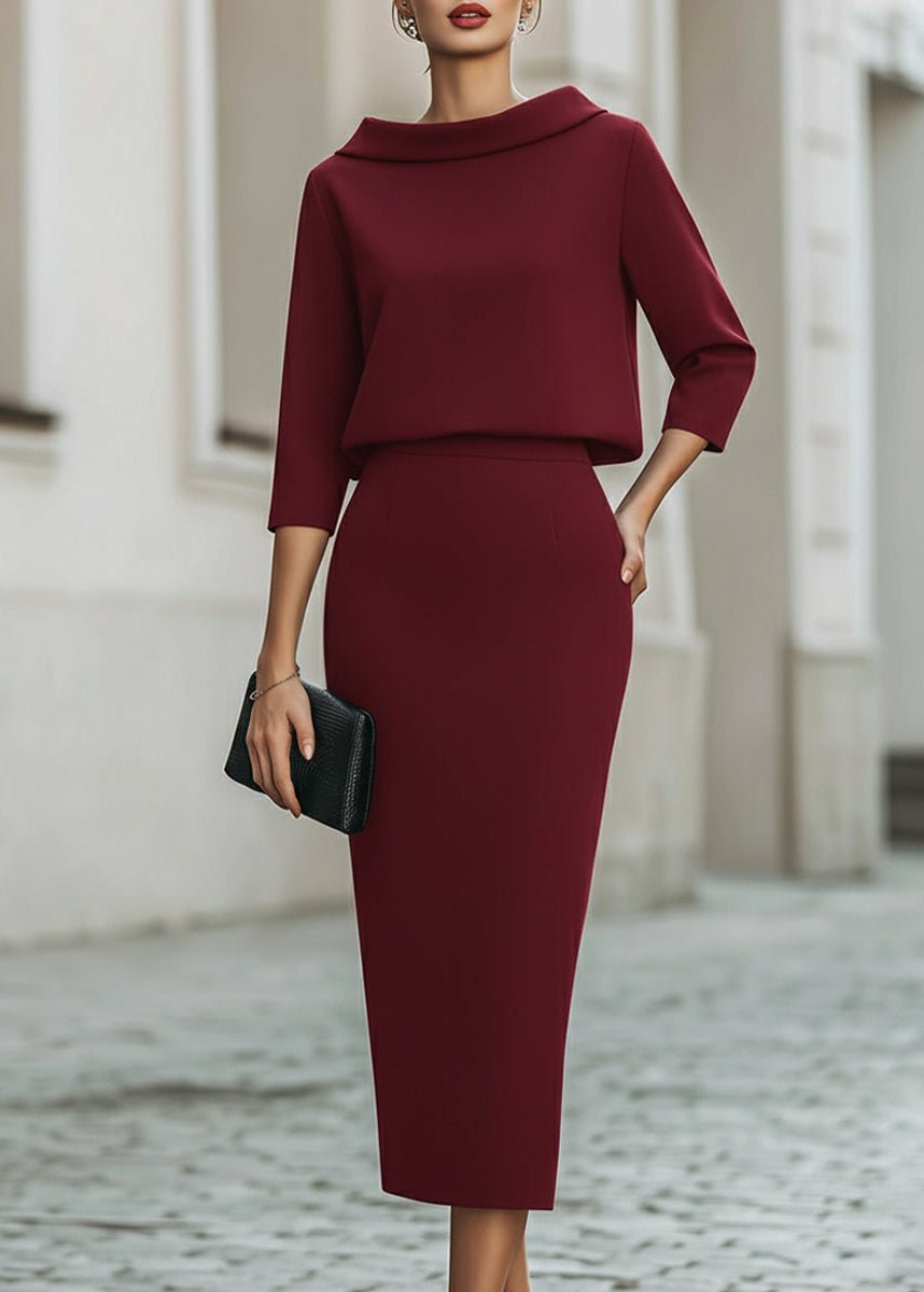Evelyn | Women's Boat Neck Two-Piece Set with Midi Skirt