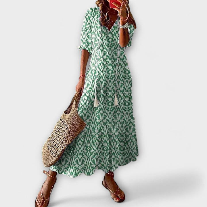 Ninette | Women's Tie-Waist Bohemian Maxi Dress with Round Neck and Short Sleeves - image 2