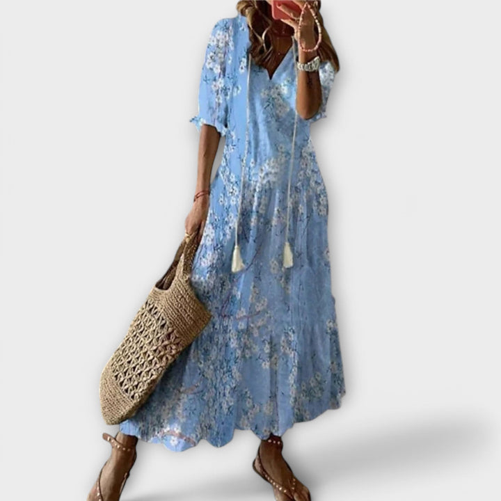 Ninette | Women's Tie-Waist Bohemian Maxi Dress with Round Neck and Short Sleeves - image 3