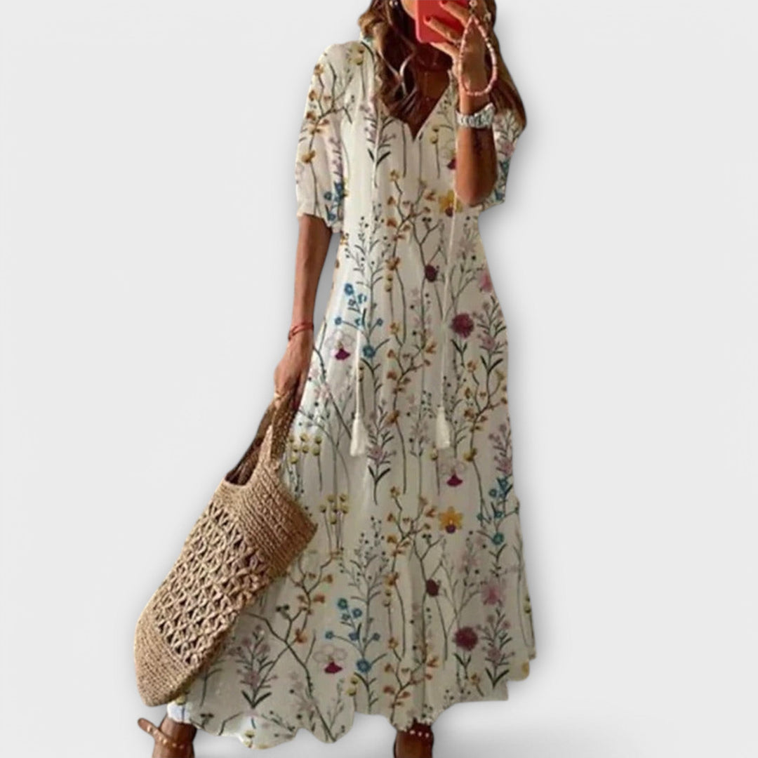 Ninette | Women's Tie-Waist Bohemian Maxi Dress with Round Neck and Short Sleeves - image 6
