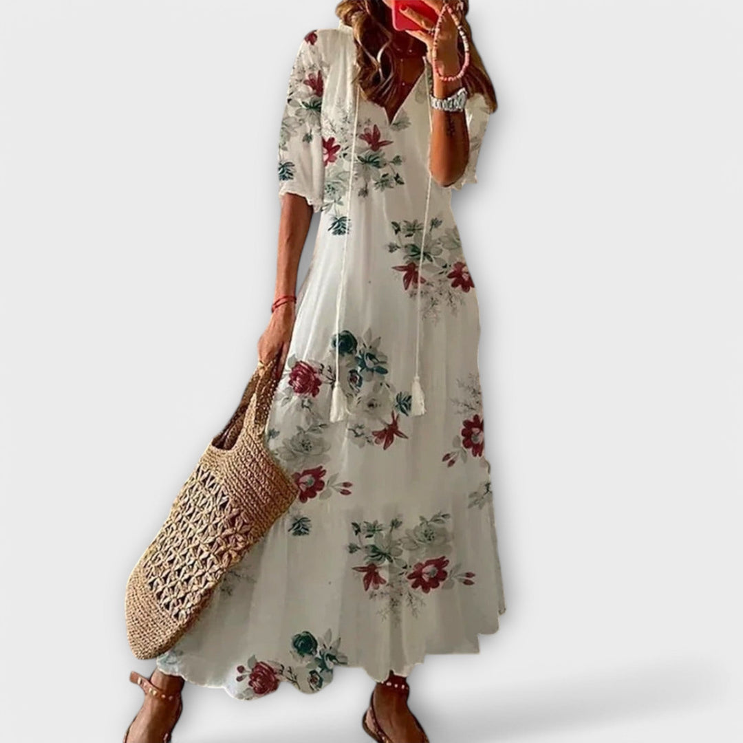Ninette | Women's Tie-Waist Bohemian Maxi Dress with Round Neck and Short Sleeves - image 7