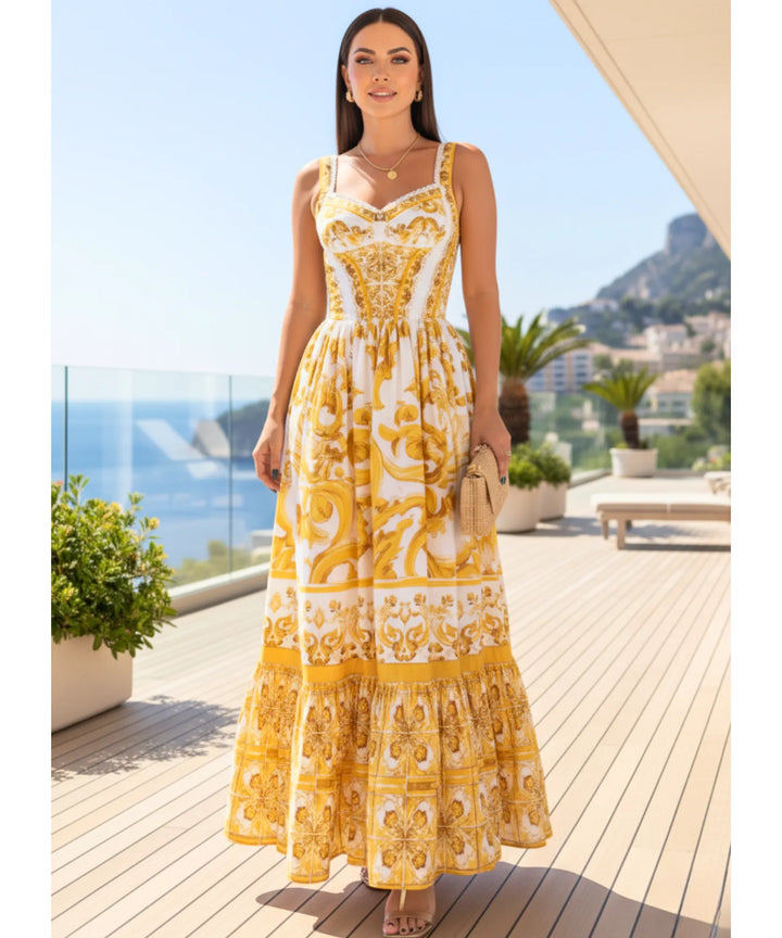 Hedwig | Women's Majolica Print Maxi Dress with Smocked Back and Adjustable Straps
