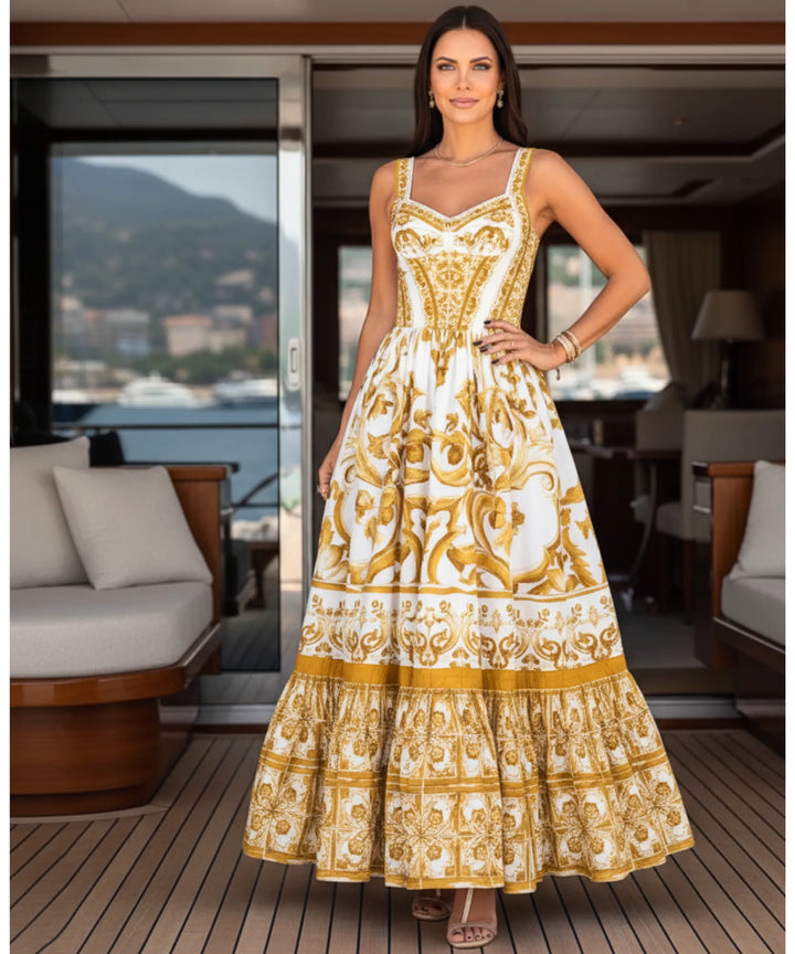 Hedwig | Women's Majolica Print Maxi Dress with Smocked Back and Adjustable Straps