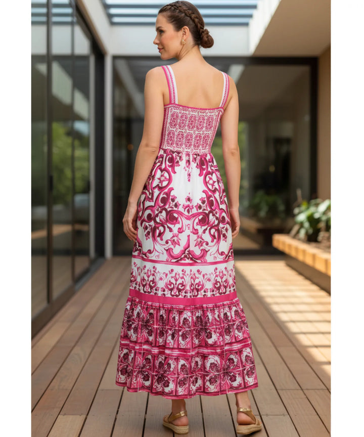 Hedwig | Women's Majolica Print Maxi Dress with Smocked Back and Adjustable Straps