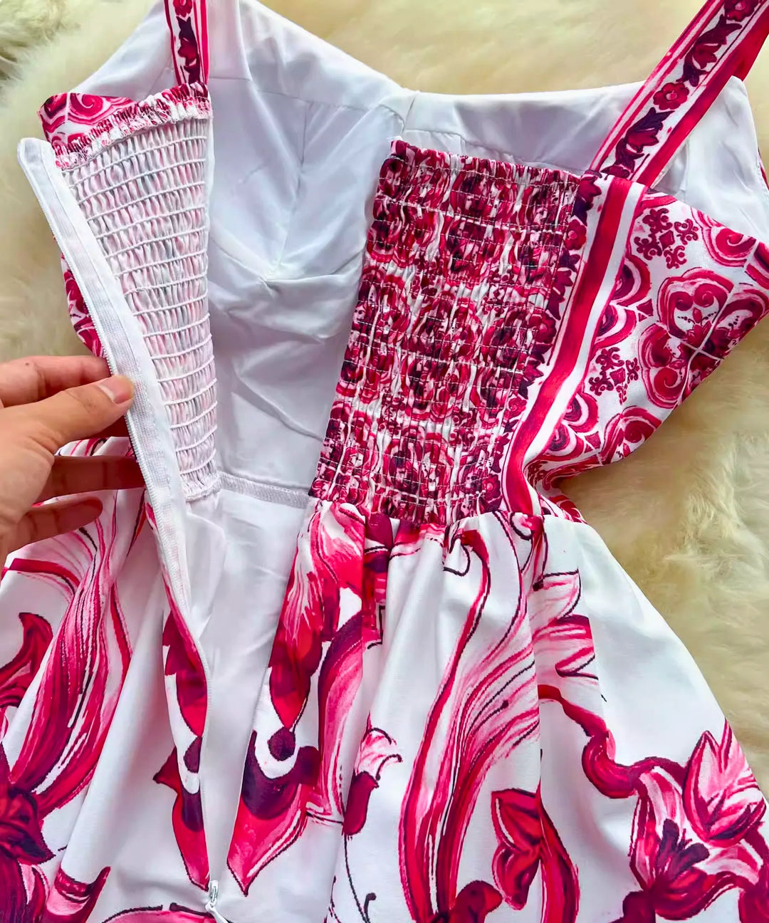 Hedwig | Women's Majolica Print Maxi Dress with Smocked Back and Adjustable Straps
