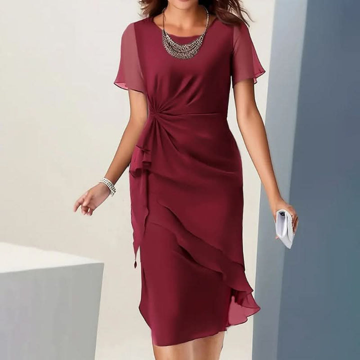 Lorenza ruffled midi dress, round neck, flutter sleeves