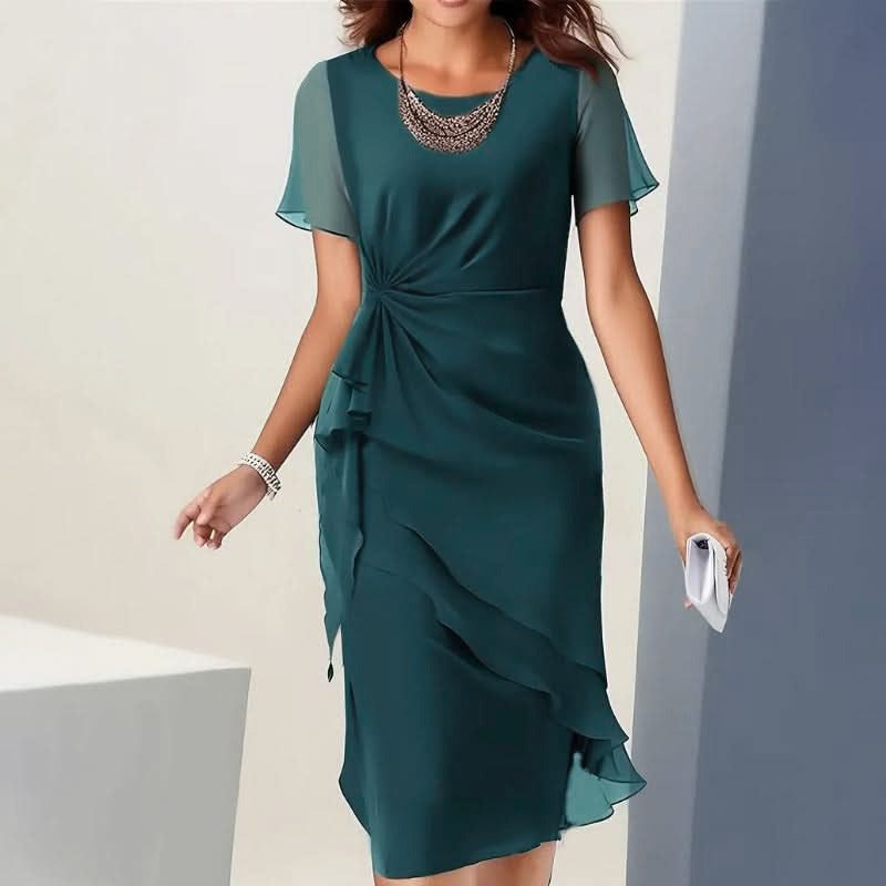 Lorenza ruffled midi dress, round neck, flutter sleeves