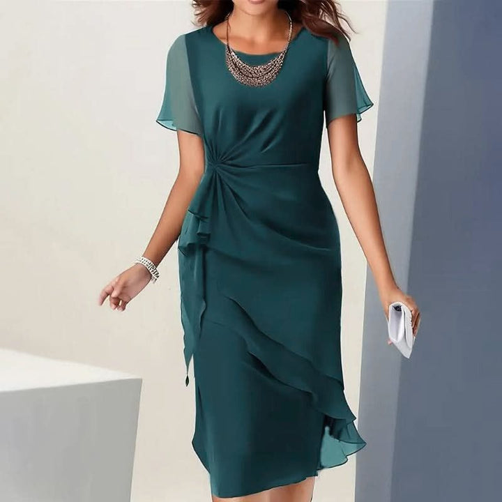 Lorenza ruffled midi dress, round neck, flutter sleeves
