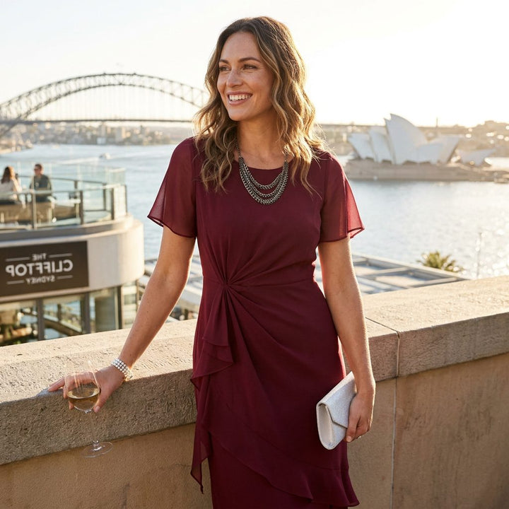 Lorenza ruffled midi dress, round neck, flutter sleeves