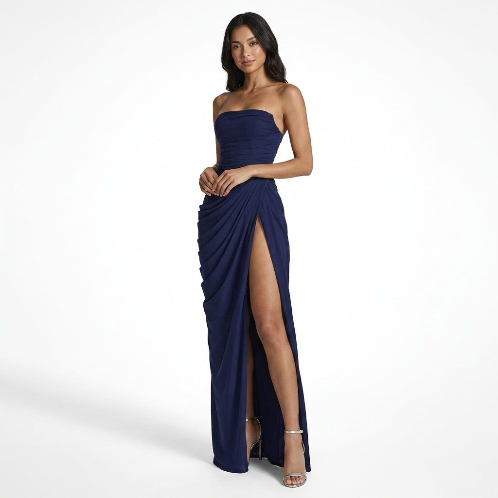 Ophira | Women's Strapless Draped Maxi Dress with High Slit