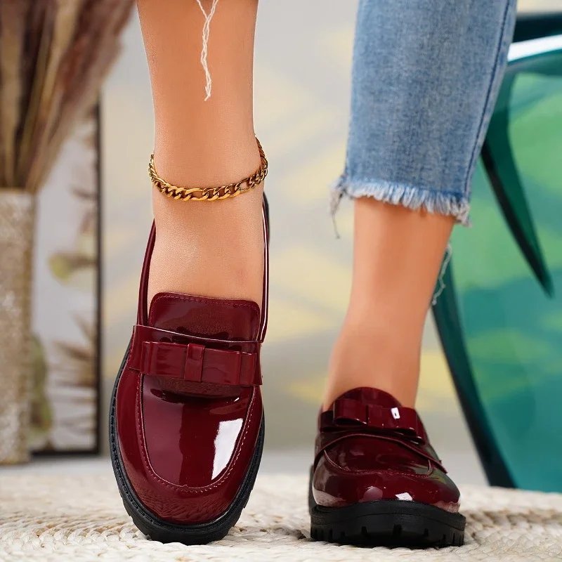 Mia | Women's Patent Loafers with Bow and Lug Sole