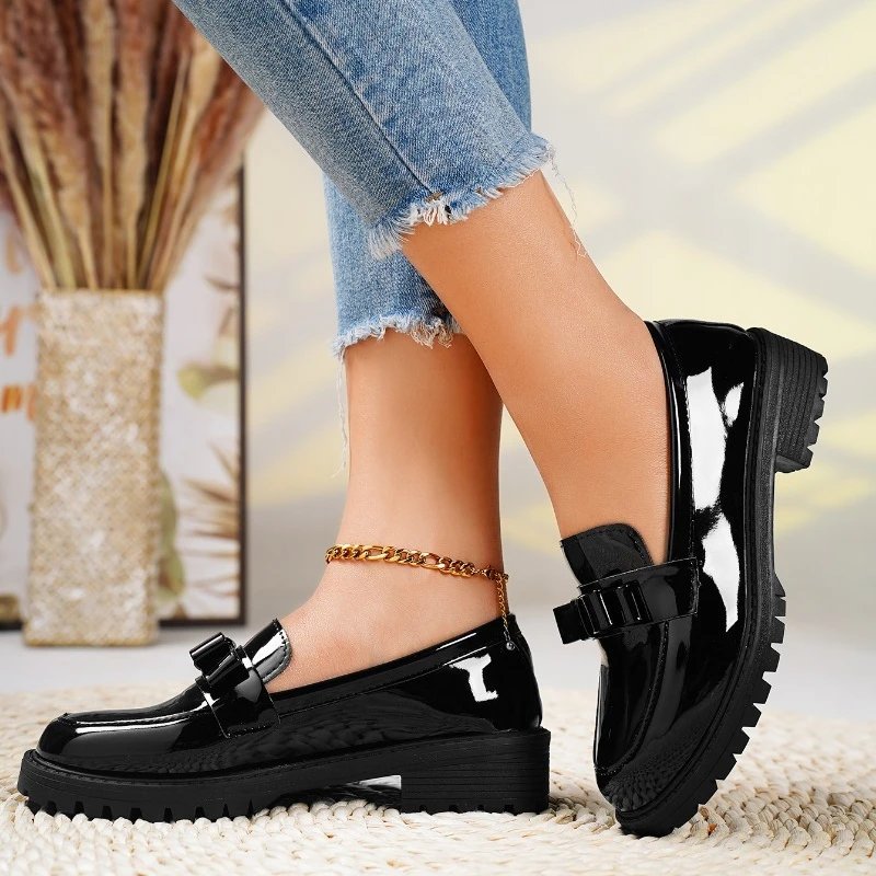 Mia | Women's Patent Loafers with Bow and Lug Sole