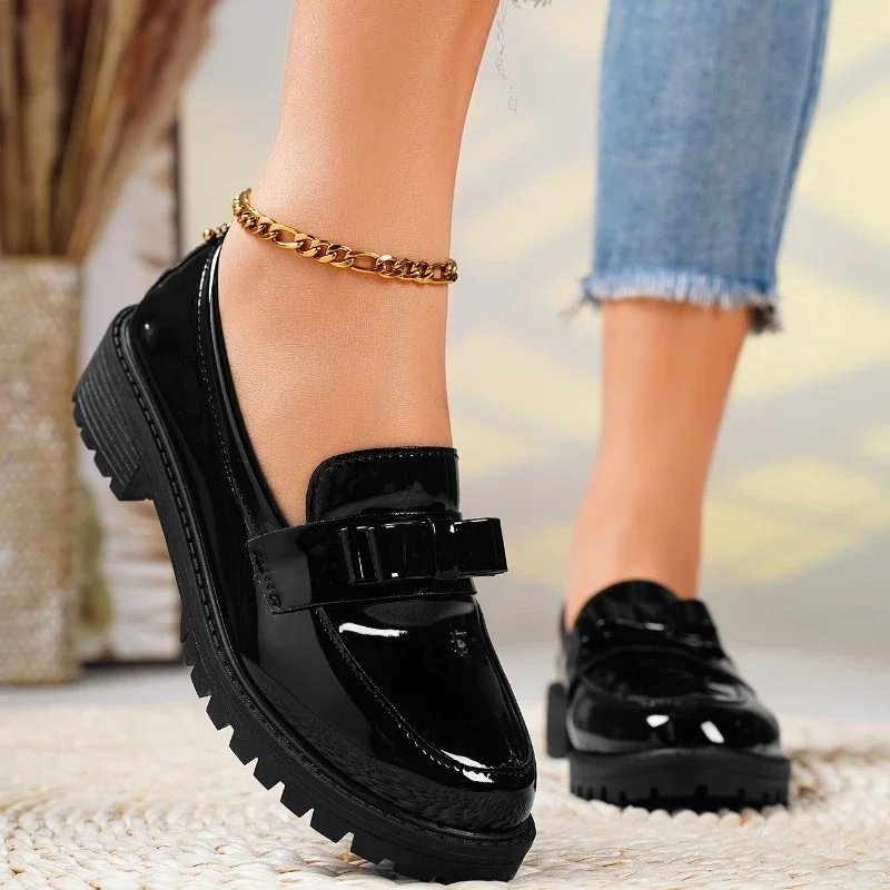 Mia | Women's Patent Loafers with Bow and Lug Sole