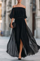 Sophia | Women's Pleated Chiffon Off-Shoulder Flowing Maxi Dresses