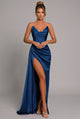 Ilaria | Women's Strapless Ruched Satin Maxi Formal Dress High Slit