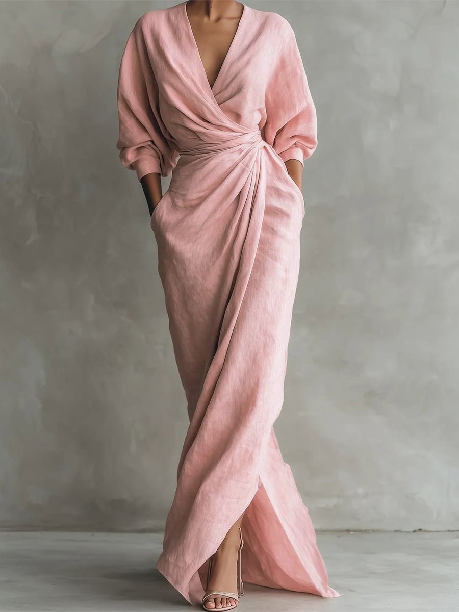 Maud | Women's Ruched Wrap V-Neck Maxi Dress with 3/4 Sleeves