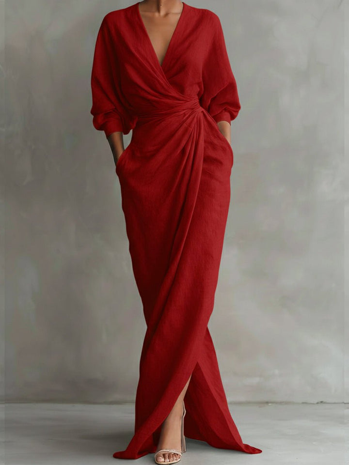 Maud | Women's Ruched Wrap V-Neck Maxi Dress with 3/4 Sleeves