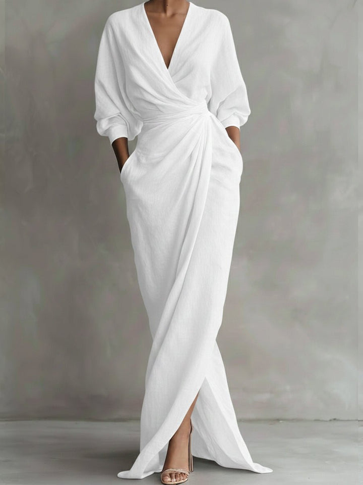 Maud | Women's Ruched Wrap V-Neck Maxi Dress with 3/4 Sleeves