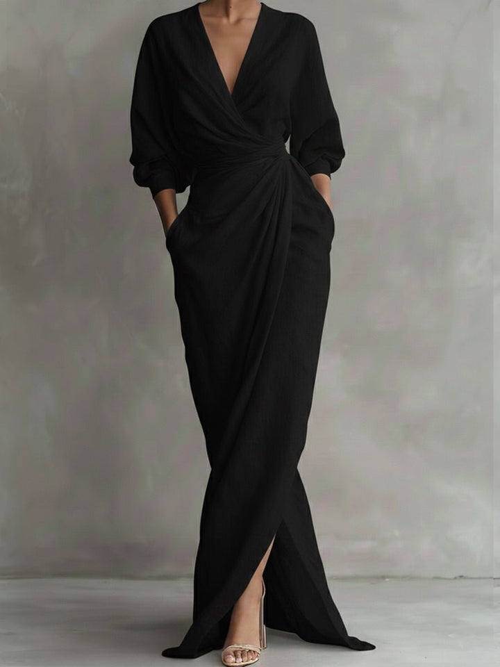 Maud | Women's Ruched Wrap V-Neck Maxi Dress with 3/4 Sleeves
