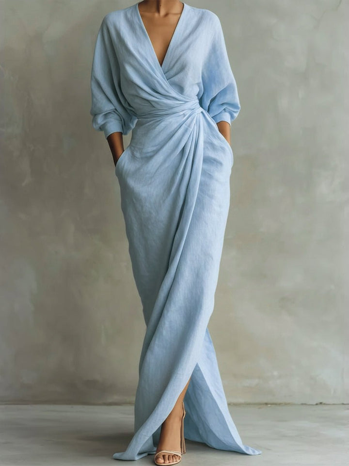 Maud | Women's Ruched Wrap V-Neck Maxi Dress with 3/4 Sleeves
