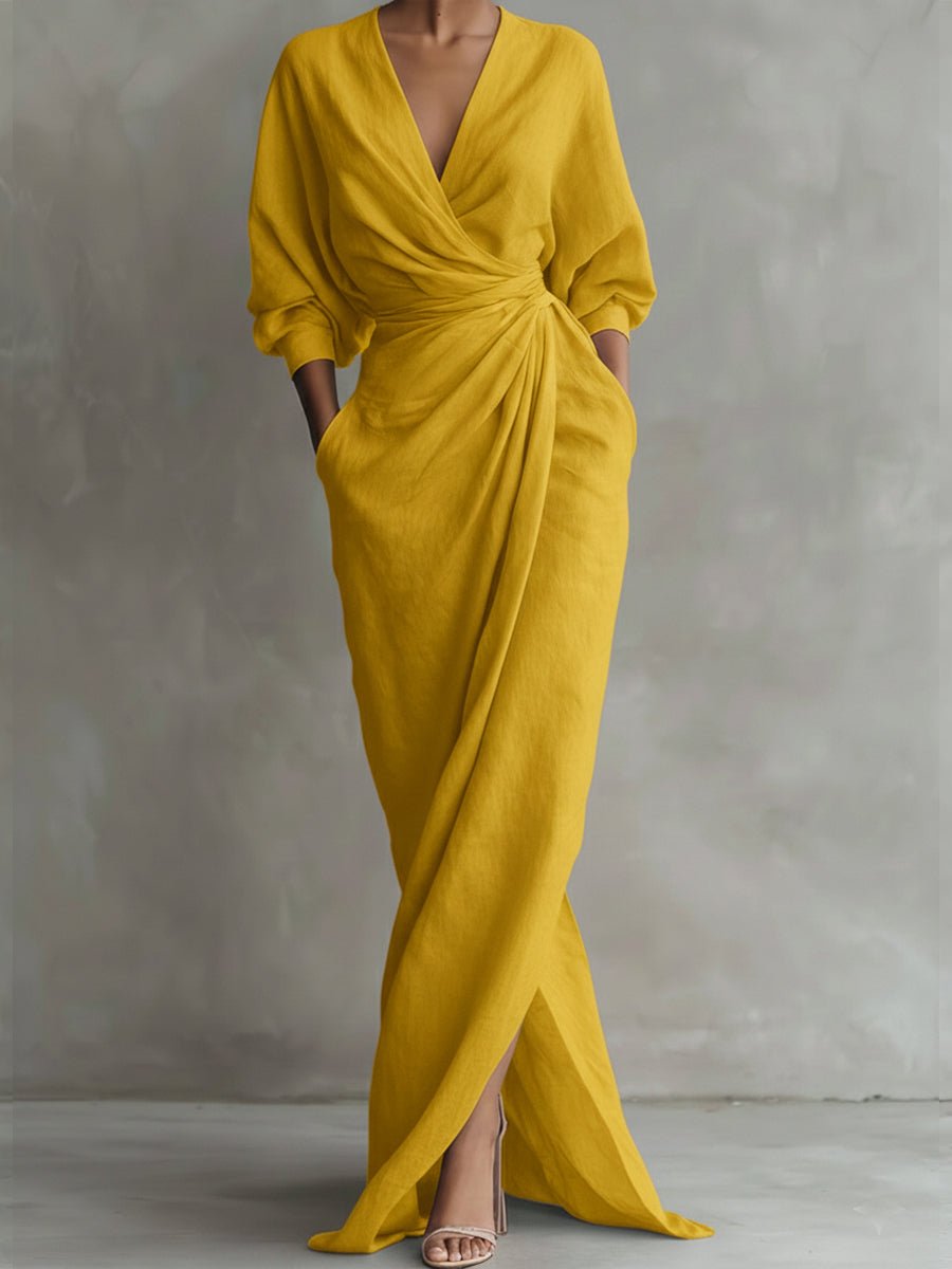 Maud | Women's Ruched Wrap V-Neck Maxi Dress with 3/4 Sleeves